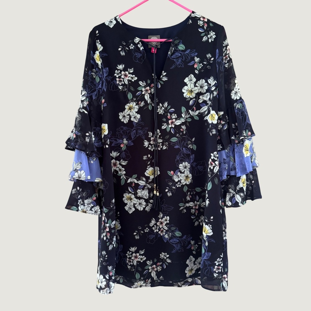 Vince Camuto Navy Floral Tiered Bell Sleeve Tassel Shift Dress 8 Garden Flowy